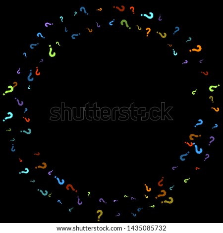 Question marks scattered on black background. Quiz, doubt, poll, survey, faq, interrogation, query background. Multicolored template for opinion poll, public poll. Rainbow color. Vector illustration.