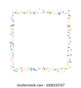 Question marks scattered on white background. Quiz, doubt, poll, survey, faq, interrogation, query background. Multicolored template for opinion poll, public poll. Rainbow color. Vector illustration.
