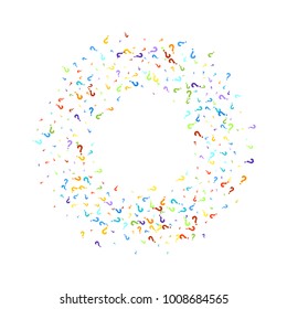 Question marks scattered on white background. Quiz, doubt, poll, survey, faq, interrogation, query background. Multicolored template for opinion poll, public poll. Rainbow color. Vector illustration.