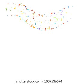 Question marks scattered on white background. Quiz, doubt, poll, survey, faq, interrogation, query background. Multicolored template for opinion poll, public poll. Rainbow color. Vector illustration.
