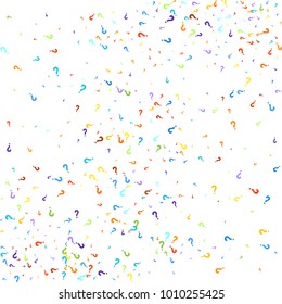 Question marks scattered on white background. Quiz, doubt, poll, survey, faq, interrogation, query background. Multicolored template for opinion poll, public poll. Rainbow color. Vector illustration.