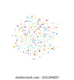 Question marks scattered on white background. Quiz, doubt, poll, survey, faq, interrogation, query background. Multicolored template for opinion poll, public poll. Rainbow color. Vector illustration.