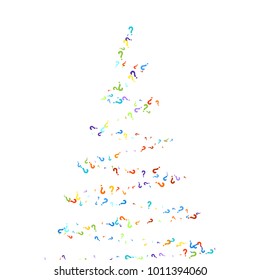 Question marks scattered on white background. Quiz, doubt, poll, survey, faq, interrogation, query background. Multicolored template for opinion poll, public poll. Rainbow color. Vector illustration.