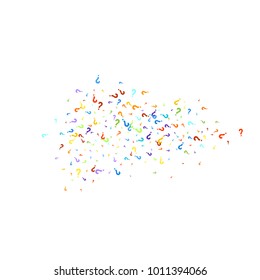 Question marks scattered on white background. Quiz, doubt, poll, survey, faq, interrogation, query background. Multicolored template for opinion poll, public poll. Rainbow color. Vector illustration.