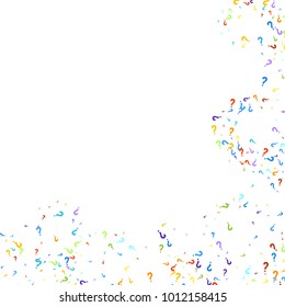 Question marks scattered on white background. Quiz, doubt, poll, survey, faq, interrogation, query background. Multicolored template for opinion poll, public poll. Rainbow color. Vector illustration.