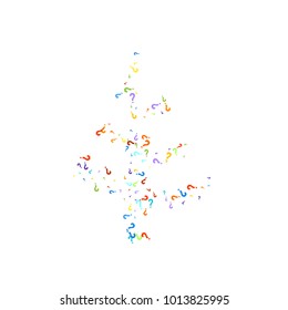 Question marks scattered on white background. Quiz, doubt, poll, survey, faq, interrogation, query background. Multicolored template for opinion poll, public poll. Rainbow color. Vector illustration.