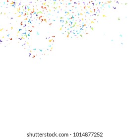 Question marks scattered on white background. Quiz, doubt, poll, survey, faq, interrogation, query background. Multicolored template for opinion poll, public poll. Rainbow color. Vector illustration.