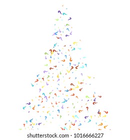 Question marks scattered on white background. Quiz, doubt, poll, survey, faq, interrogation, query background. Multicolored template for opinion poll, public poll. Rainbow color. Vector illustration.