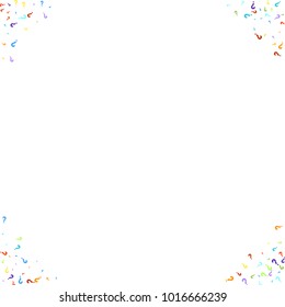 Question marks scattered on white background. Quiz, doubt, poll, survey, faq, interrogation, query background. Multicolored template for opinion poll, public poll. Rainbow color. Vector illustration.