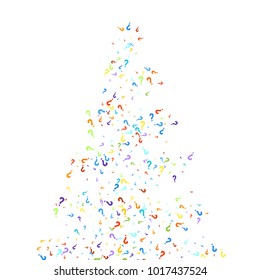 Question marks scattered on white background. Quiz, doubt, poll, survey, faq, interrogation, query background. Multicolored template for opinion poll, public poll. Rainbow color. Vector illustration.