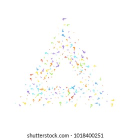 Question marks scattered on white background. Quiz, doubt, poll, survey, faq, interrogation, query background. Multicolored template for opinion poll, public poll. Rainbow color. Vector illustration.