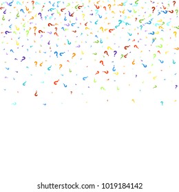 Question marks scattered on white background. Quiz, doubt, poll, survey, faq, interrogation, query background. Multicolored template for opinion poll, public poll. Rainbow color. Vector illustration.