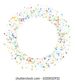 Question marks scattered on white background. Quiz, doubt, poll, survey, faq, interrogation, query background. Multicolored template for opinion poll, public poll. Rainbow color. Vector illustration.