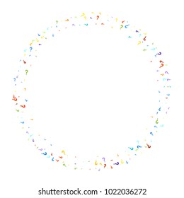 Question marks scattered on white background. Quiz, doubt, poll, survey, faq, interrogation, query background. Multicolored template for opinion poll, public poll. Rainbow color. Vector illustration.