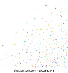 Question marks scattered on white background. Quiz, doubt, poll, survey, faq, interrogation, query background. Multicolored template for opinion poll, public poll. Rainbow color. Vector illustration.