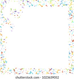 Question marks scattered on white background. Quiz, doubt, poll, survey, faq, interrogation, query background. Multicolored template for opinion poll, public poll. Rainbow color. Vector illustration.