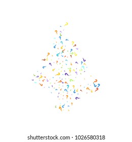 Question marks scattered on white background. Quiz, doubt, poll, survey, faq, interrogation, query background. Multicolored template for opinion poll, public poll. Rainbow color. Vector illustration.