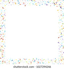 Question marks scattered on white background. Quiz, doubt, poll, survey, faq, interrogation, query background. Multicolored template for opinion poll, public poll. Rainbow color. Vector illustration.