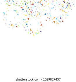 Question marks scattered on white background. Quiz, doubt, poll, survey, faq, interrogation, query background. Multicolored template for opinion poll, public poll. Rainbow color. Vector illustration.