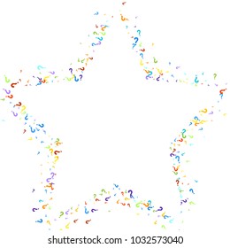 Question marks scattered on white background. Quiz, doubt, poll, survey, faq, interrogation, query background. Multicolored template for opinion poll, public poll. Rainbow color. Vector illustration.