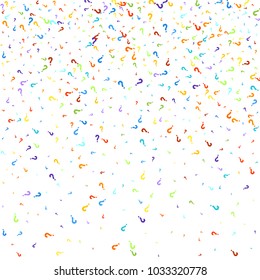 Question marks scattered on white background. Quiz, doubt, poll, survey, faq, interrogation, query background. Multicolored template for opinion poll, public poll. Rainbow color. Vector illustration.
