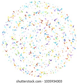 Question marks scattered on white background. Quiz, doubt, poll, survey, faq, interrogation, query background. Multicolored template for opinion poll, public poll. Rainbow color. Vector illustration.