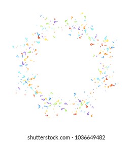 Question marks scattered on white background. Quiz, doubt, poll, survey, faq, interrogation, query background. Multicolored template for opinion poll, public poll. Rainbow color. Vector illustration.