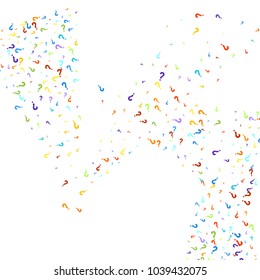 Question marks scattered on white background. Quiz, doubt, poll, survey, faq, interrogation, query background. Multicolored template for opinion poll, public poll. Rainbow color. Vector illustration.