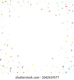 Question marks scattered on white background. Quiz, doubt, poll, survey, faq, interrogation, query background. Multicolored template for opinion poll, public poll. Rainbow color. Vector illustration.