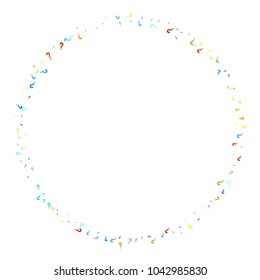 Question marks scattered on white background. Quiz, doubt, poll, survey, faq, interrogation, query background. Multicolored template for opinion poll, public poll. Rainbow color. Vector illustration.