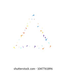 Question marks scattered on white background. Quiz, doubt, poll, survey, faq, interrogation, query background. Multicolored template for opinion poll, public poll. Rainbow color. Vector illustration.