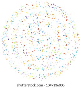 Question marks scattered on white background. Quiz, doubt, poll, survey, faq, interrogation, query background. Multicolored template for opinion poll, public poll. Rainbow color. Vector illustration.