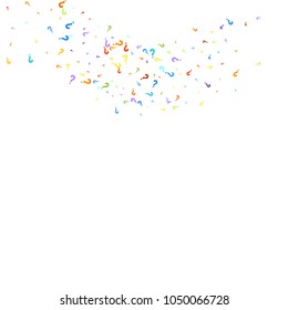 Question marks scattered on white background. Quiz, doubt, poll, survey, faq, interrogation, query background. Multicolored template for opinion poll, public poll. Rainbow color. Vector illustration.