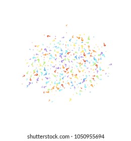 Question marks scattered on white background. Multicolored template for opinion poll, public poll. Rainbow color. Vector illustration.