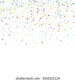 Marcas de preguntas diseminadas en fondo blanco. Prueba, duda, encuesta, encuesta, faq, interrogatorio, fondo de consulta. Plantilla multicolor para encuesta de opinión, encuesta pública. Color arcoiris. Ilustración vectorial.