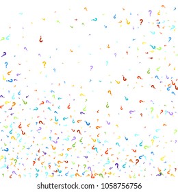 Question marks scattered on white background. Quiz, doubt, poll, survey, faq, interrogation, query background. Multicolored template for opinion poll, public poll. Rainbow color. Vector illustration.