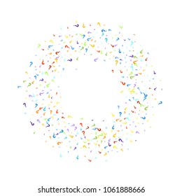 Question marks scattered on white background. Quiz, doubt, poll, survey, faq, interrogation, query background. Multicolored template for opinion poll, public poll. Rainbow color. Vector illustration.