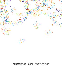 Question marks scattered on white background. Quiz, doubt, poll, survey, faq, interrogation, query background. Multicolored template for opinion poll, public poll. Rainbow color. Vector illustration.