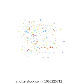 Question marks scattered on white background. Quiz, doubt, poll, survey, faq, interrogation, query background. Multicolored template for opinion poll, public poll. Rainbow color. Vector illustration.