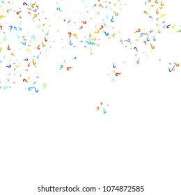 Question marks scattered on white background. Quiz, doubt, poll, survey, faq, interrogation, query background. Multicolored template for opinion poll, public poll. Rainbow color. Vector illustration.