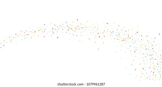 Question marks scattered on white background. Quiz, doubt, poll, survey, faq, interrogation, query background. Multicolored template for opinion poll, public poll. Rainbow color. Vector illustration.