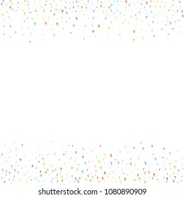 Question marks scattered on white background. Quiz, doubt, poll, survey, faq, interrogation, query background. Multicolored template for opinion poll, public poll. Rainbow color. Vector illustration.