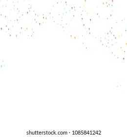 Question marks scattered on white background. Quiz, doubt, poll, survey, faq, interrogation, query background. Multicolored template for opinion poll, public poll. Rainbow color. Vector illustration.
