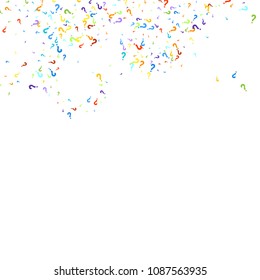 Question marks scattered on white background. Quiz, doubt, poll, survey, faq, interrogation, query background. Multicolored template for opinion poll, public poll. Rainbow color. Vector illustration.