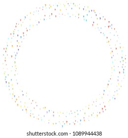 Question marks scattered on white background. Quiz, doubt, poll, survey, faq, interrogation, query background. Multicolored template for opinion poll, public poll. Rainbow color. Vector illustration.