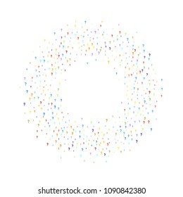 Question marks scattered on white background. Quiz, doubt, poll, survey, faq, interrogation, query background. Multicolored template for opinion poll, public poll. Rainbow color. Vector illustration.