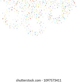 Question marks scattered on white background. Quiz, doubt, poll, survey, faq, interrogation, query background. Multicolored template for opinion poll, public poll. Rainbow color. Vector illustration.