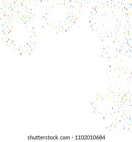 Question marks scattered on white background. Quiz, doubt, poll, survey, faq, interrogation, query background. Multicolored template for opinion poll, public poll. Rainbow color. Vector illustration.