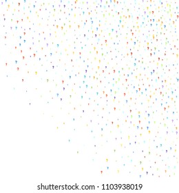Question marks scattered on white background. Quiz, doubt, poll, survey, faq, interrogation, query background. Multicolored template for opinion poll, public poll. Rainbow color. Vector illustration.