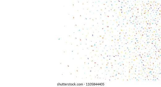 Question marks scattered on white background. Quiz, doubt, poll, survey, faq, interrogation, query background. Multicolored template for opinion poll, public poll. Rainbow color. Vector illustration.